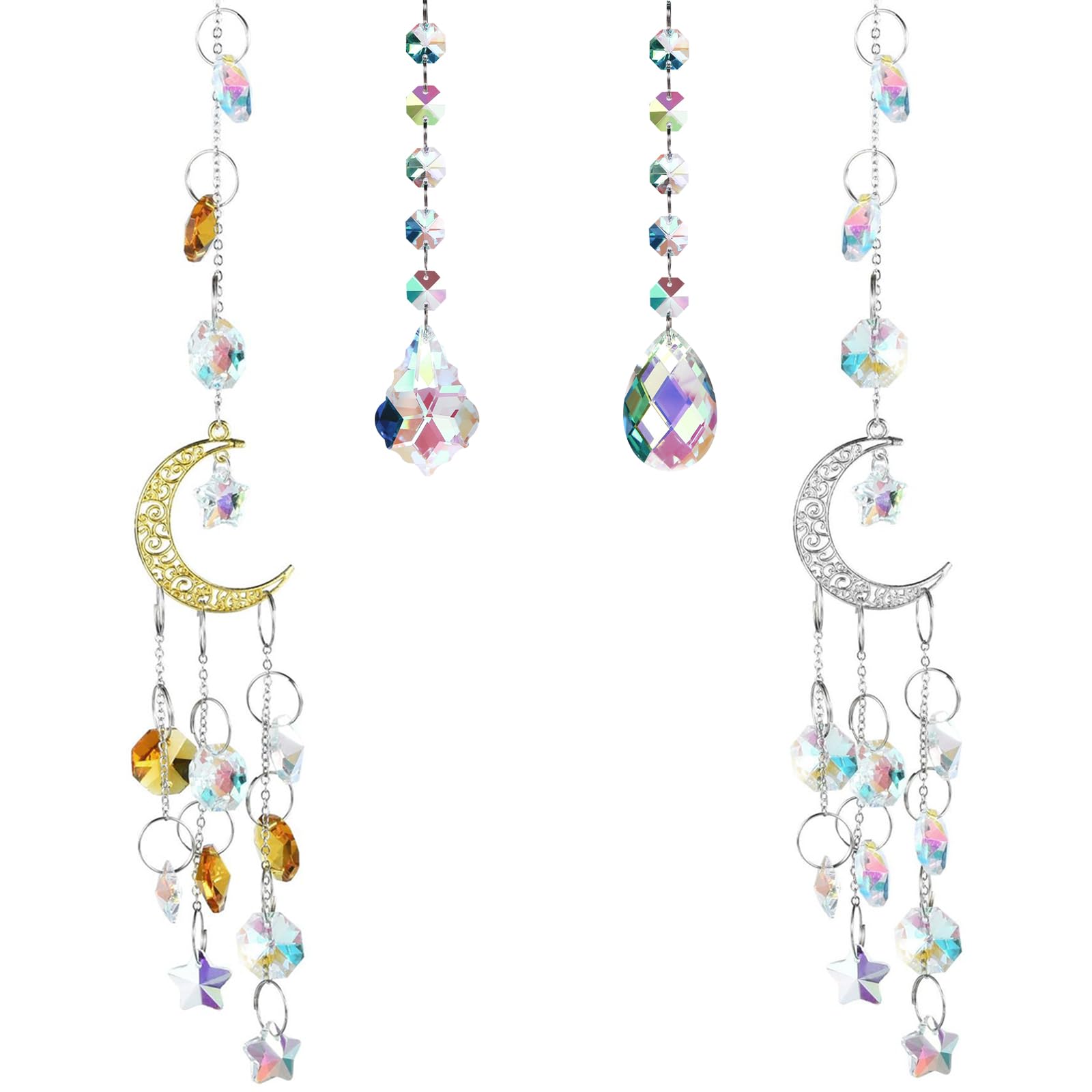 BSITSSS Crystal Suncatchers, 4PCS Rainbow Prism Suncatcher, Moon Star Sun Catchers Hanging Pendant Ornament Colorful Crystal Wind Chimes for Window Bedroom Garden Office Party Wedding Decorations