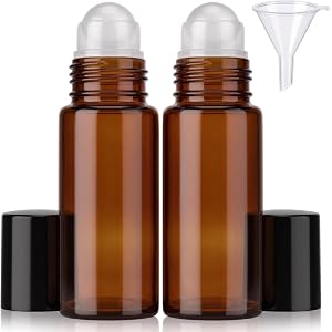 2 Pack 50ml Amber Glass Roller Bottles Refillable Empty Roll On Bottles | Roll on bottles for castor oil essential oils perfu