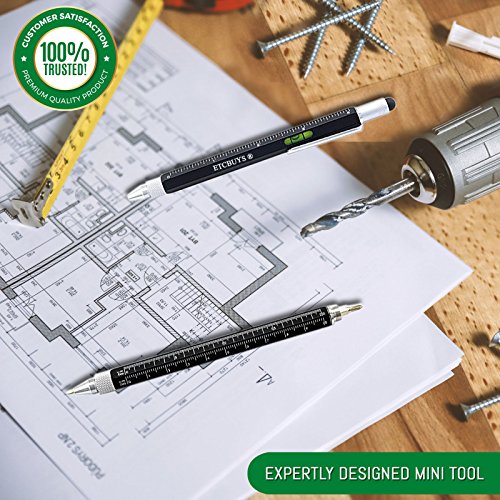 Screwdriver Pen Pocket Multi-Tool 6 in 1 - Multi-Functional & Sturdy Aluminum DIY Tool, With Screwdriver, Stylus, Bubble Level, Ruler & Phillips Flathead Bit, Unique Gift Idea (2 Piece, Black)