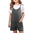 CharmWM Girls Summer Jumpsuits Spaghetti Strap Sleeveless Loose Romper Short Pants with Pockets 5-14 Years