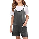 CharmWM Girls Summer Jumpsuits Spaghetti Strap Sleeveless Loose Romper Short Pants with Pockets 5-14 Years