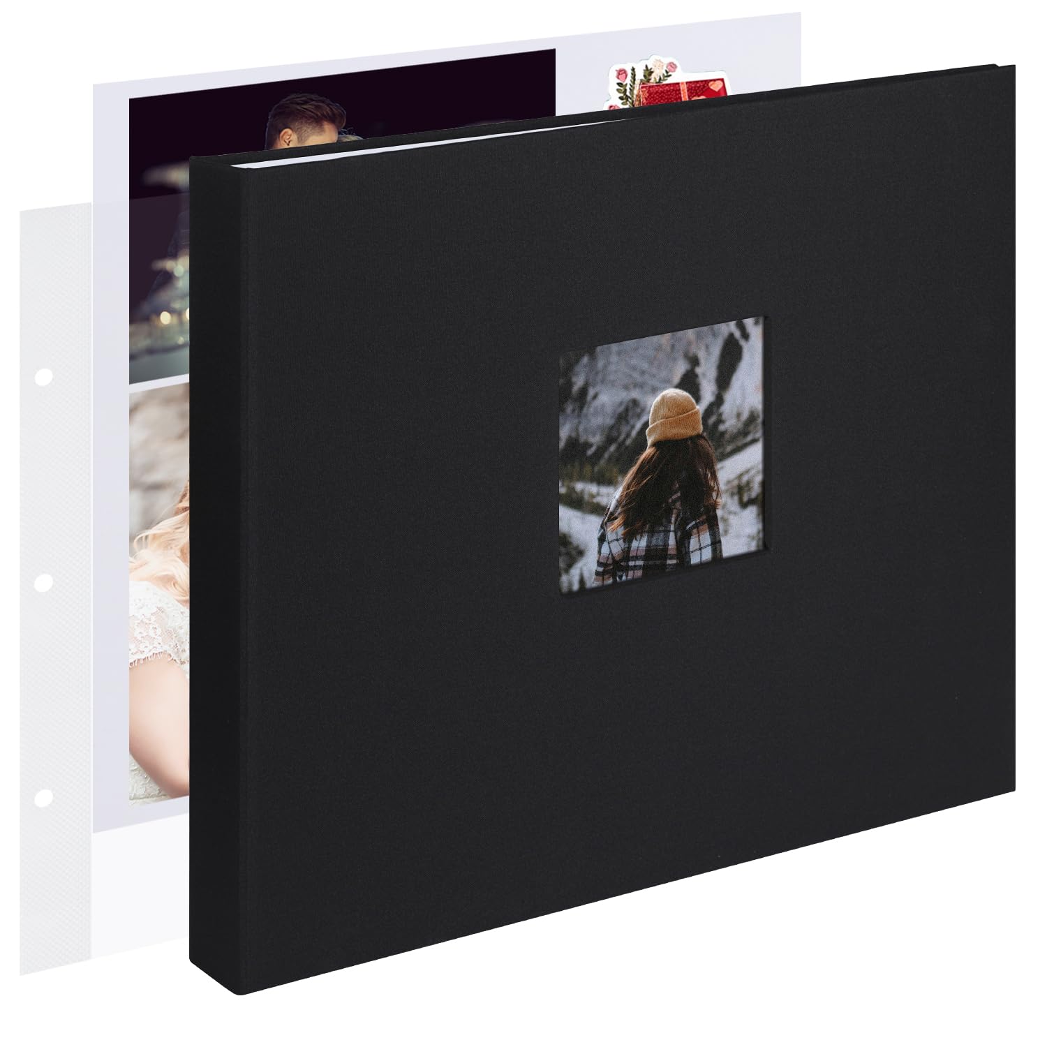 Photo 1 of 12x12 Inch Large 3 Ring DIY Scrapbook Photo Album Journal with 30 Plastic Sleeves 60 Pages and Fabric Cover for Baby Travel Wedding Anniversary kids Adventure (Black Cover/White Pages)