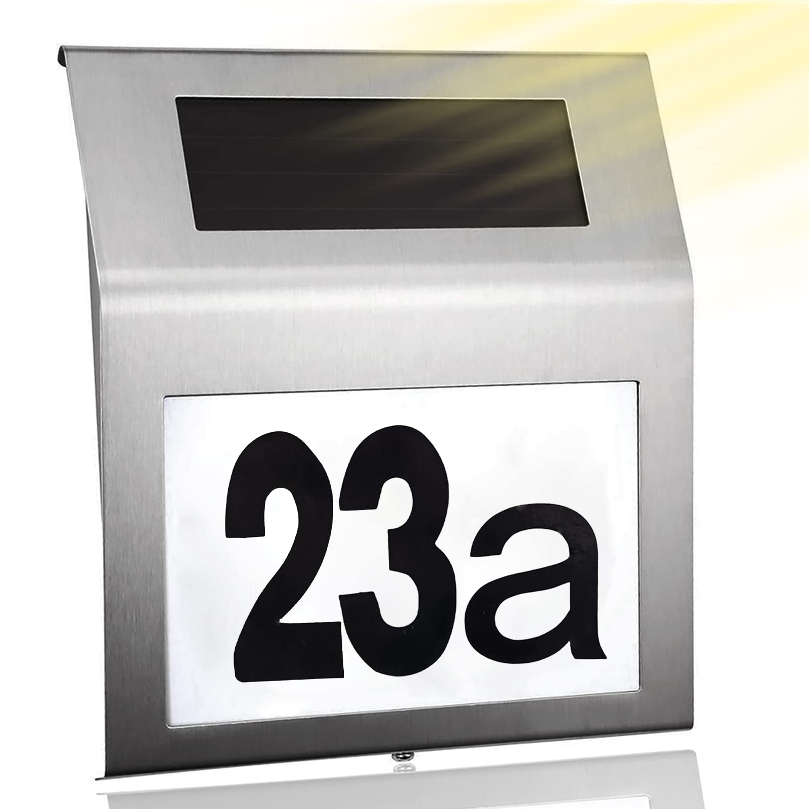 House Number Illuminated Solar Stainless Steel House Number with 2 LEDs Solar House Number for Outdoor Use with Twilight Switch IP65 Waterproof with Numbers 0-9 and Letters a-h