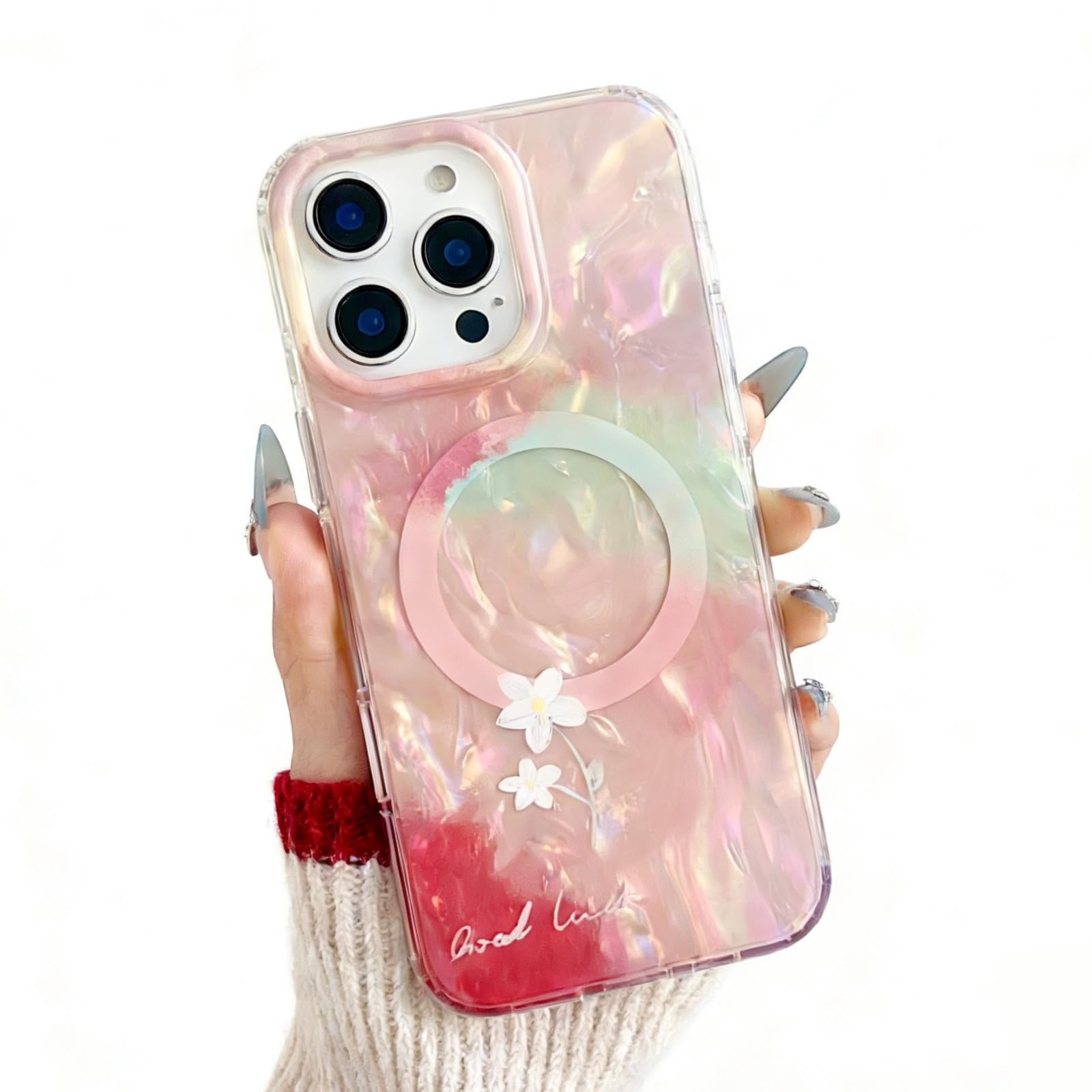 Kehewaa Cute Dreamy Laser for iPhone 16 pro case for Women Girls[Compatible with Magsafe] Tiny Floral Flower Pattern Girly Sparkly Bling Hard PC Back Shockproof Protective Phone Cover,Pink Gradient