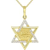 Jewelry America Solid 14K Yellow Gold Hebrew Shema Yisrael CZ Star of David Pendant Necklace