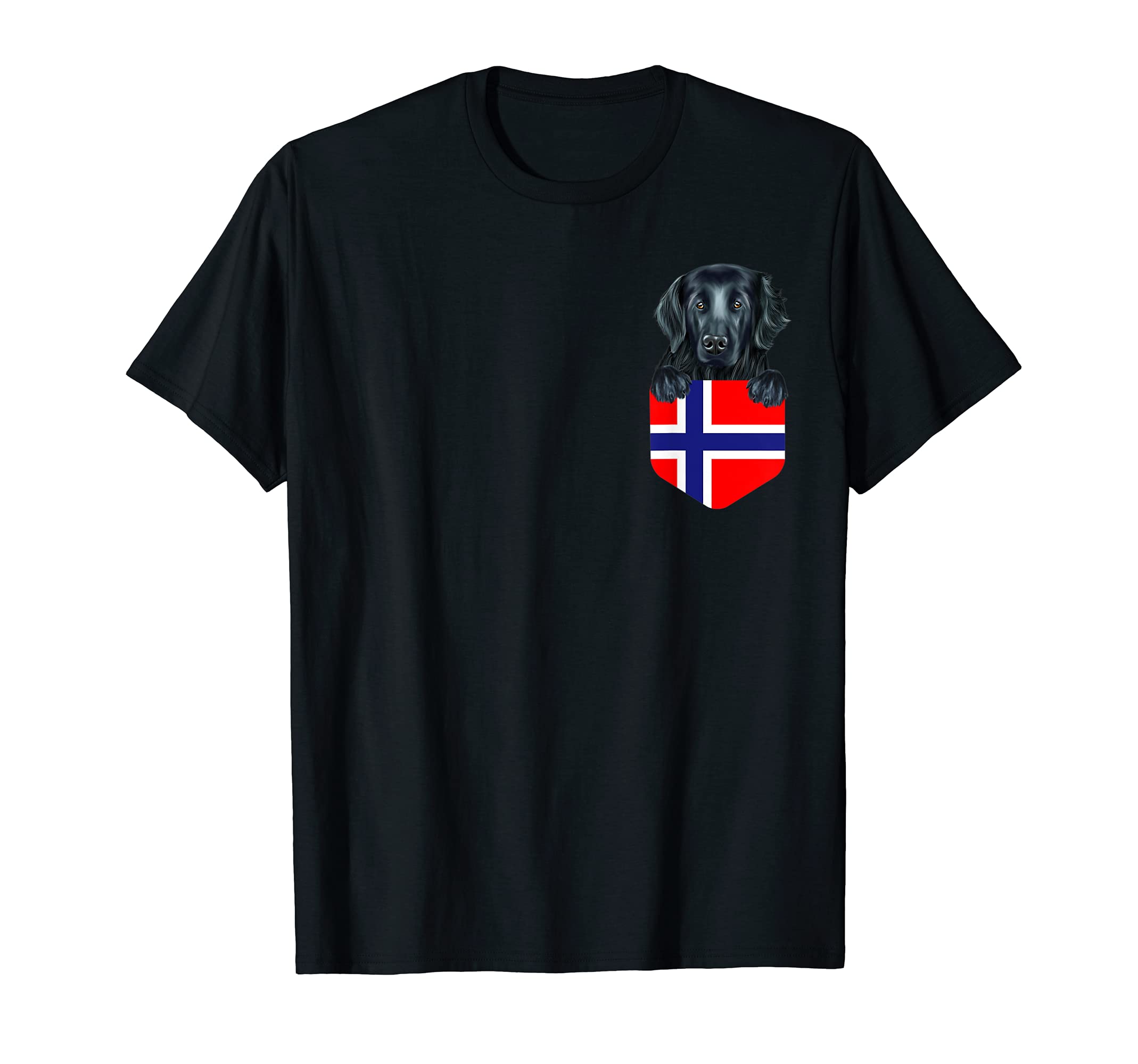 Norway Flag Flat-Coated Retriever Dog In Pocket T-Shirt