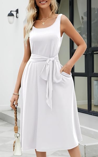 ROSDORRA WOMEN’S 2024 SUMMER SUNDRESS ELEGANT ROUND NECK MIDI SLEEVELESS CASUAL A-LINE SWING BEACH SOLID DRESS WITH POCKETS(WHITE, RS703A1 S)