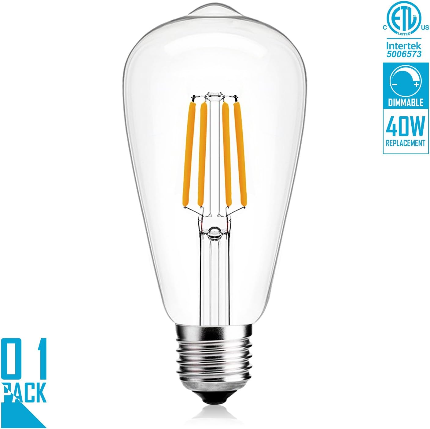 LED Light Bulbs, Haodude 4W Dimmable ST64 E26 Base LED Bulbs,380lm, 360° Beam Angle, Warm White 2300K, LED Filament Bulbs 1pack