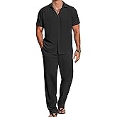 COOFANDY Mens 2 Piece Casual Beach Outfits Short Sleeve Button Down Shirts Summer Loose Pant Sets Vacation Walking Outfits