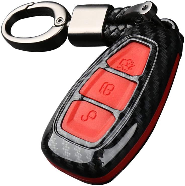 Happyit ABS Carbon Fiber Shell+Silicone Car Key Cover Case Keychain for Ford Focus Mondeo Edge Fiesta Kuga Mondeo MK4 Fusion Escort Ecosport (B carbon fiber + red)