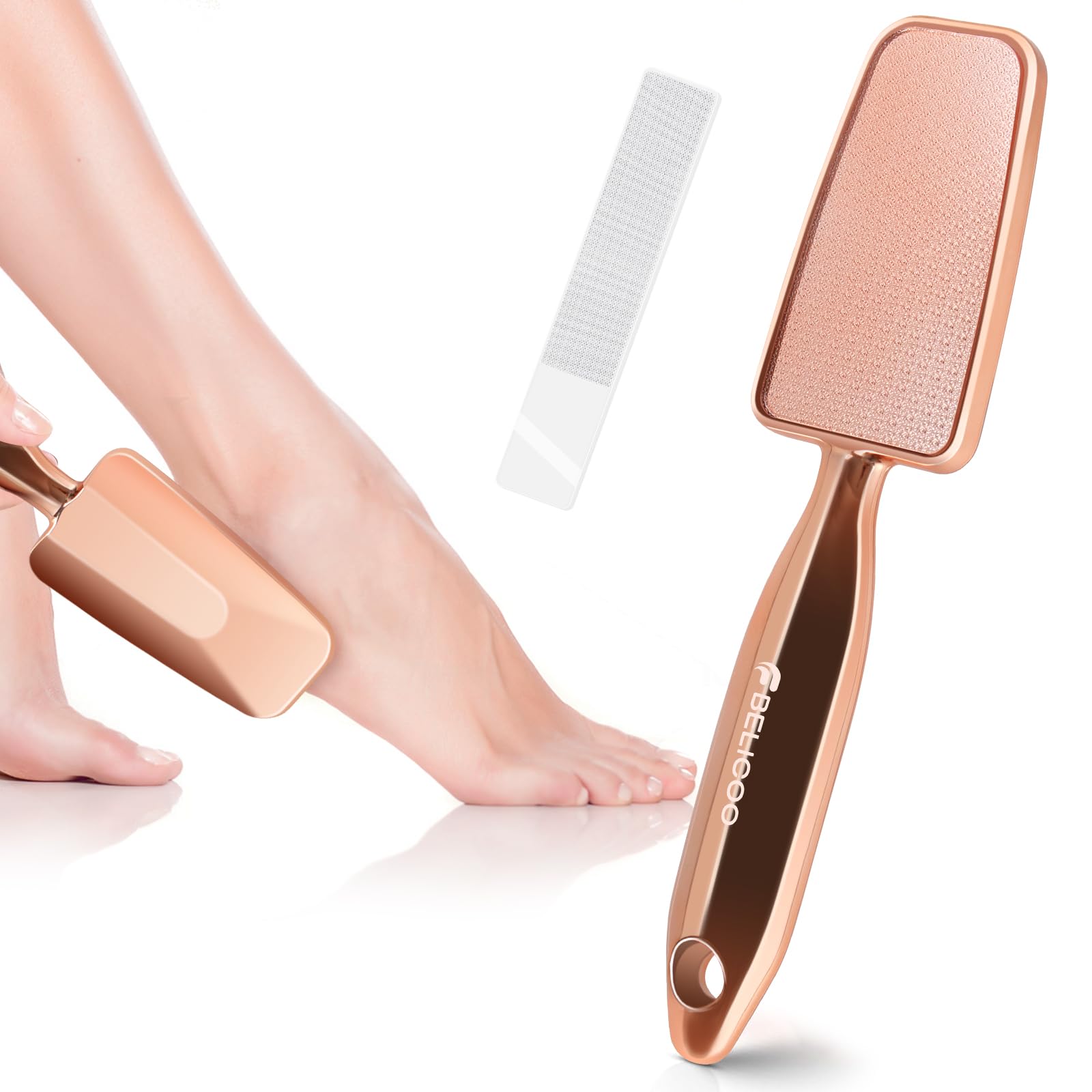 BELICOO Nano-Glass Foot File and Callus Remover, Pedicure Tool for Dead Skin Removal, Double Side Portable Foot Care Scraper Tool, Can Be Used on Wet or Dry Feet (Rose Gold)