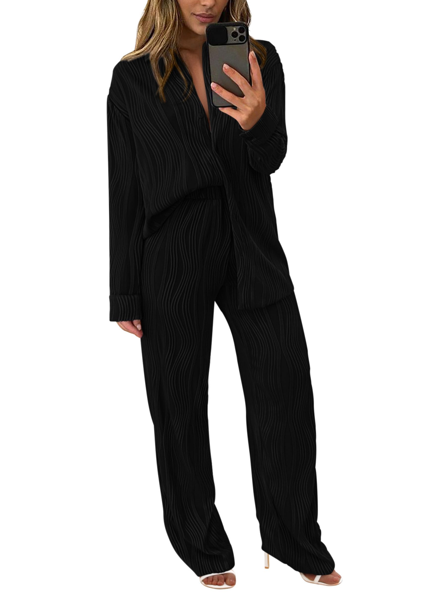 Photo 1 of PRETTYGARDEN Women's 2 Piece Sets 2025 Fall Casual Textured Button Down Shirt Wide Leg Pants Outfits Loungewear Tracksuit (Black,Medium)