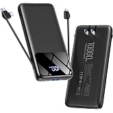 Portable Charger 10000mAh Power Bank with Built-in Cables and Wall Plug | 15W Fast Charging Battery Pack, 5 Outputs LED Display Travel Essential Portable Phone Charger for Cell Phones(Black)