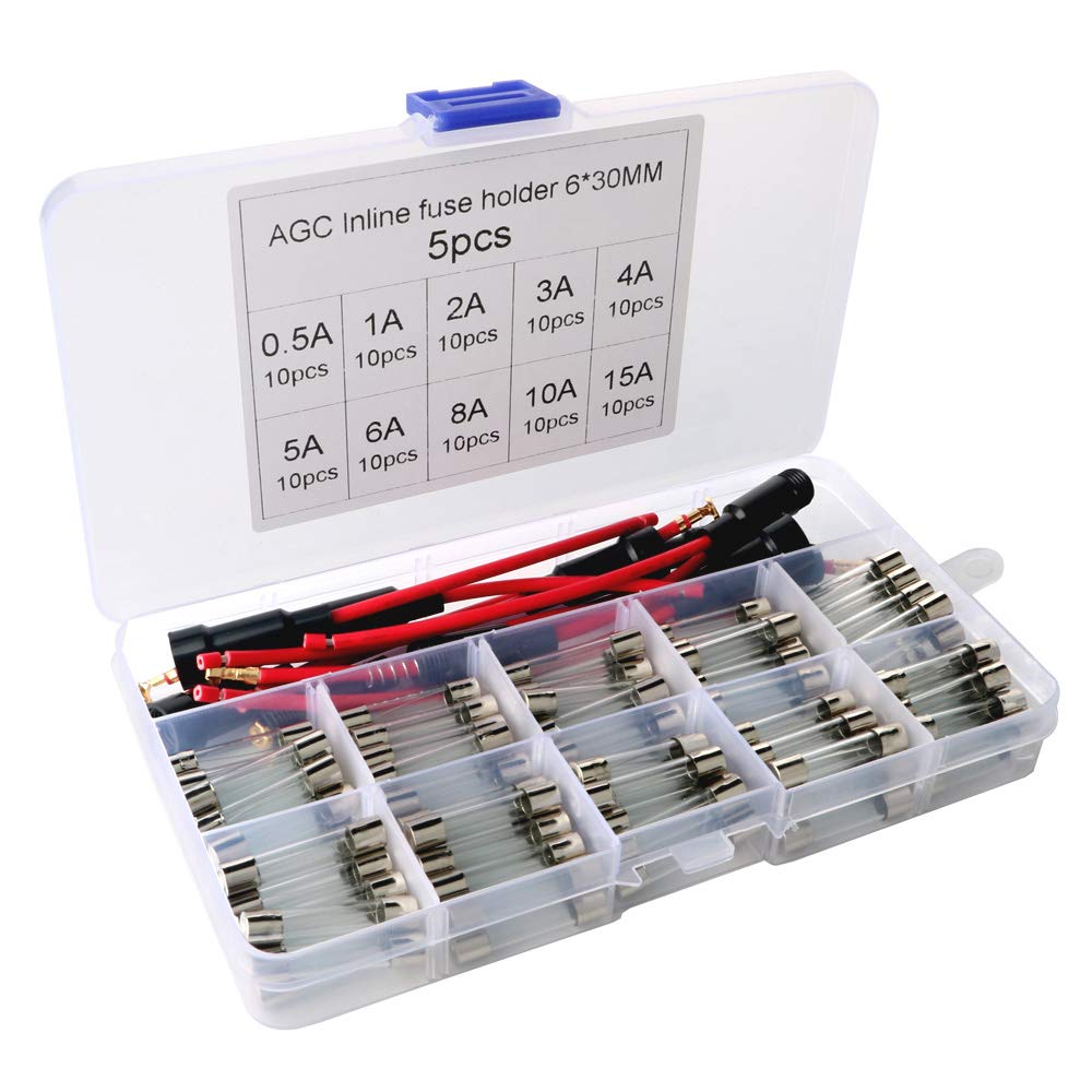 Gebildet 5pcs 6x30mm AGC Fuse Holder Inline Screw Type with 16AWG wire + 100pcs 6x30mm Fast-blow Glass Fuses Quick Blow Car Glass Tube Fuses Assorted Kit (0.5A 1A 2A 3A 4A 5A 6A 8A 10A 15A)
