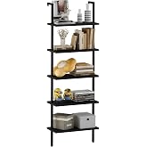 aboxoo Ladder Shelf Open 5-Tier Bookshelf Wall-Mounted Black Wood Bookcase Storage Rack Open Industrial Modern Plant Stand Utility Organizer Bookcase Metal Frame Furniture Office Bedroom