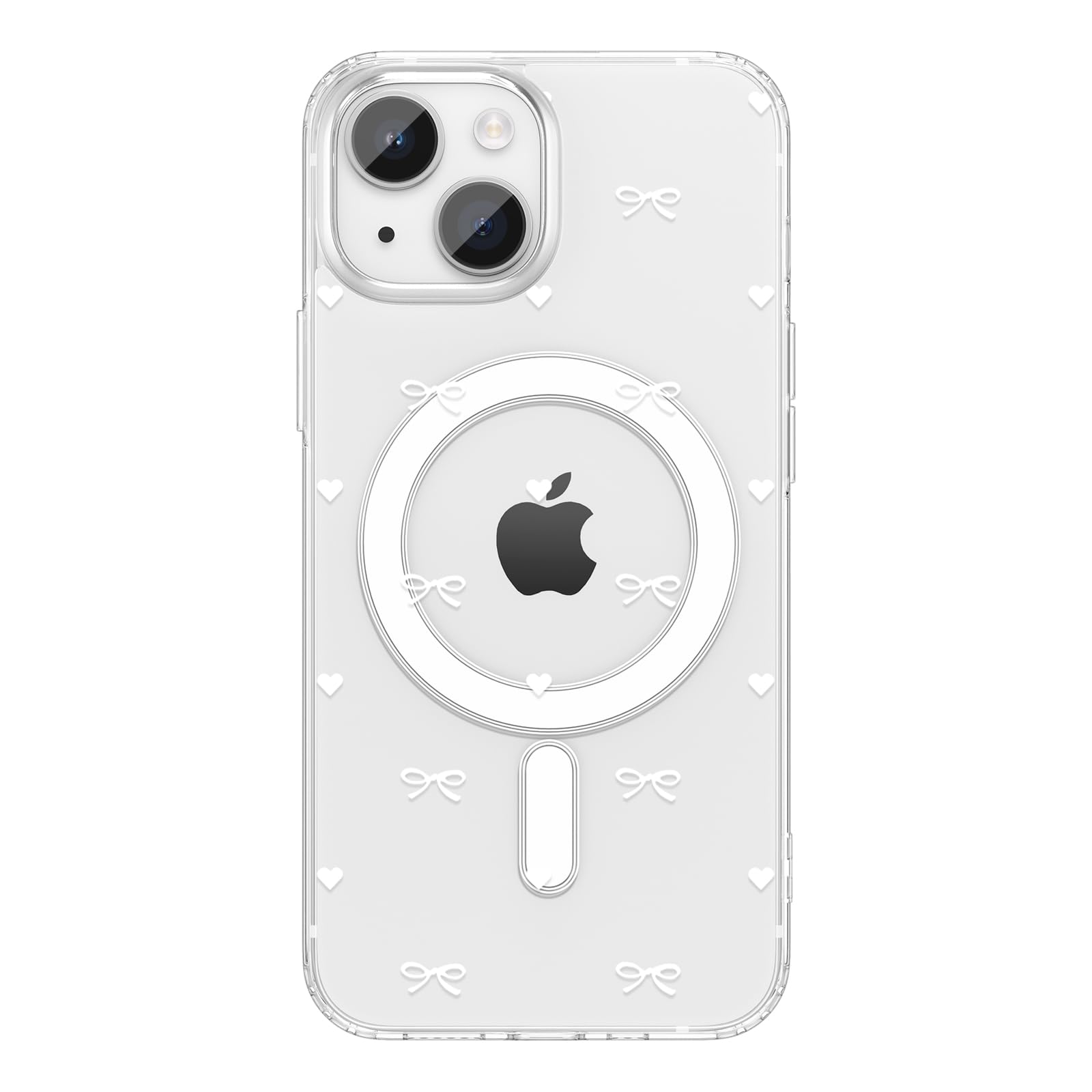ZTOFERA for iPhone 13/14 Magnetic Case Clear,Cute Love Heart Ribbon Bow Tie Aesthetic Phone Case,Transparent Trendy Slim Soft Shockproof Protective Phone Cover for Women Girls,White
