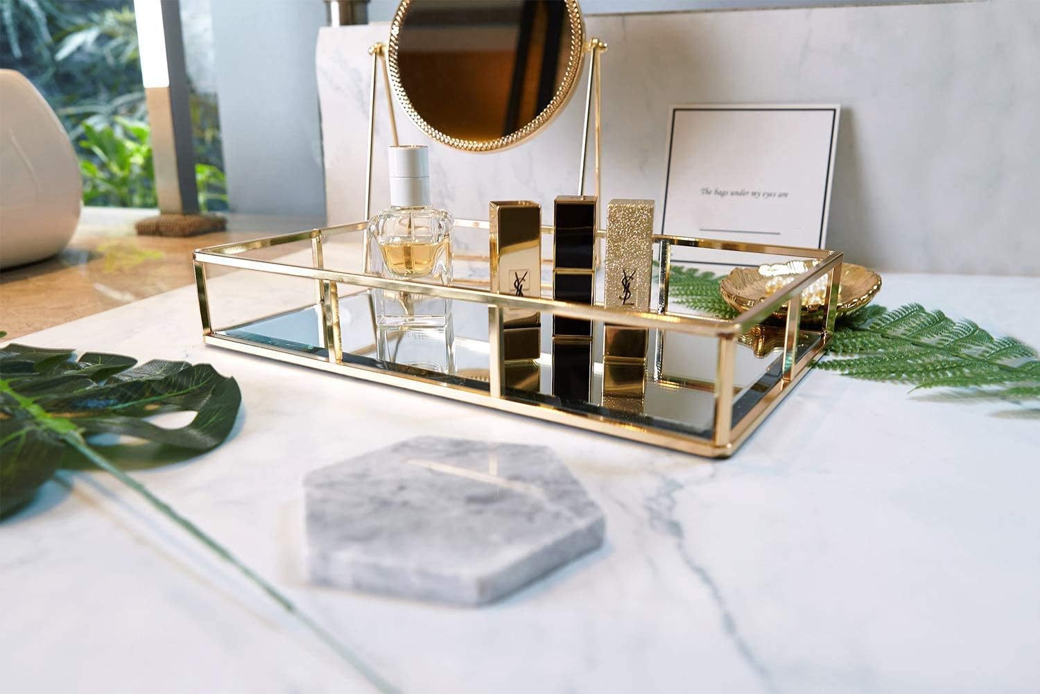 PuTwo Tray Mirror, Gold Mirror Tray Perfume Tray Mirror Vanity Tray Dresser Tray Ornate Tray Metal Decorative Tray Tray Jewelry Perfume Organizer Makeup Tray for Vanity, Dresser, Bathroom, Bedroom: Home & Kitchen