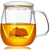 WHJY Glass Tea Cup with Infuser and Lid, 18 ounce Glass Tea Cups with Strainer, Loose Leaf Tea Cup Mug for One, Lead-free Borosilicate Glass Teacups, Heat Resistance, Microwave & Dishwasher Safe