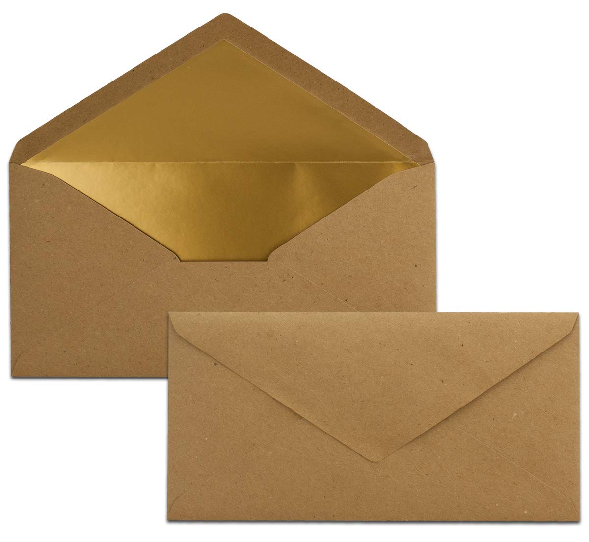 Long Envelopes size DIN Long, gummed, wet seal, Gold / Silver metallic lining 25 Umschläge Kraft brown gold