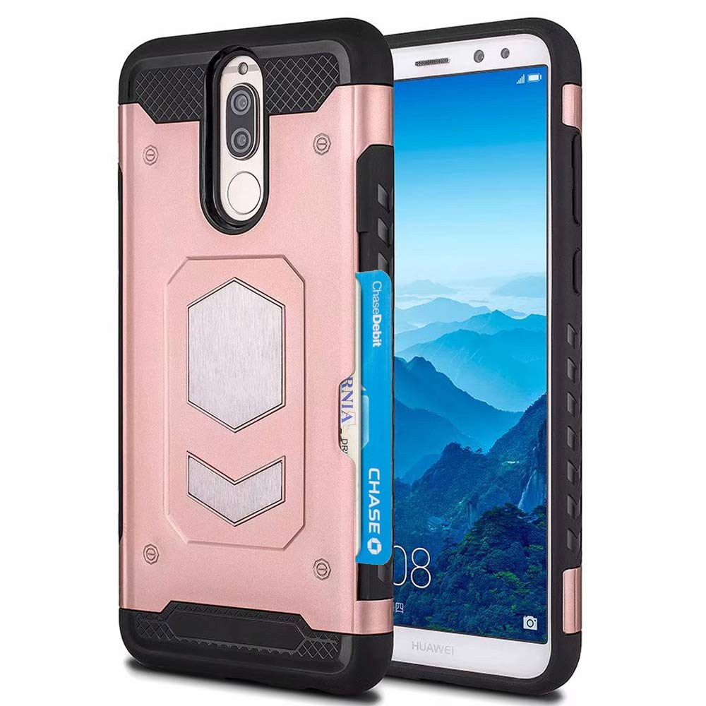 Huawei Mate 10 Lite Case, Huawei Nova 2i Case, Ranyi Armor Case with Magnetic Car Mount Wallet Cover Card Holder ID Slot Shock Absorbing Rugged Protective Case for Huawei Mate 10 Lite (Rosegold)
