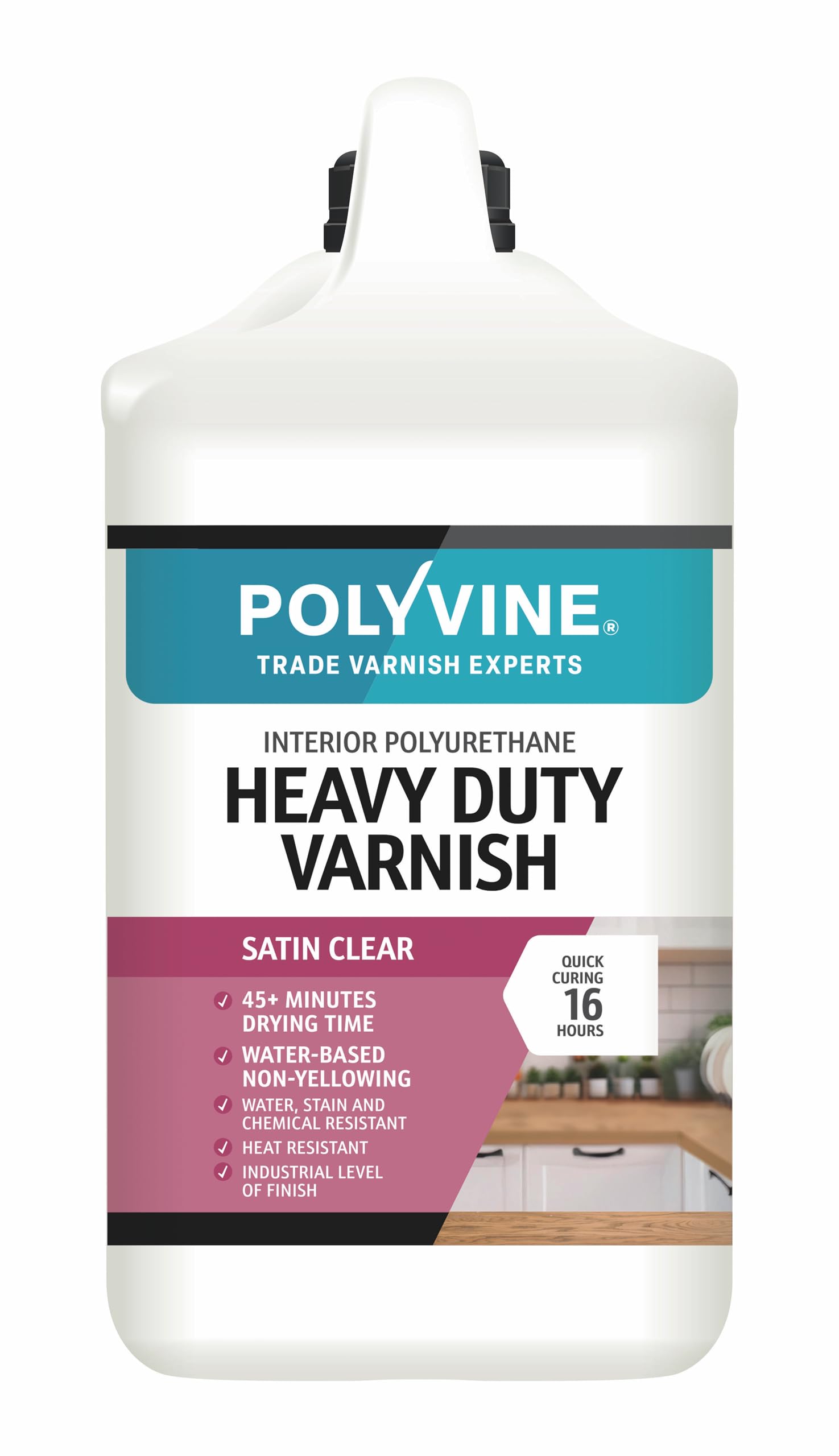 Polyvine Heavy Duty Interior Varnish Satin or Dead Flat Finishes – Quick Dry Varnish – Polyurethane, Water-Based, Water Resistant Coating for Indoor Woodwork, Painted Surfaces & More, Satin 4 Litre — image 1