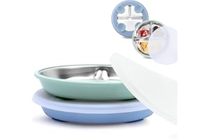 Bakpoco Stainless Steel Toddler Suction Plate with Lid, Deeper 9" Divided Plates with Removable Silicone Sleeves for Kids, Non Toxic & BPA Free | Unbreakable Baby Snack Dishes Set of 2, Blue & Sage