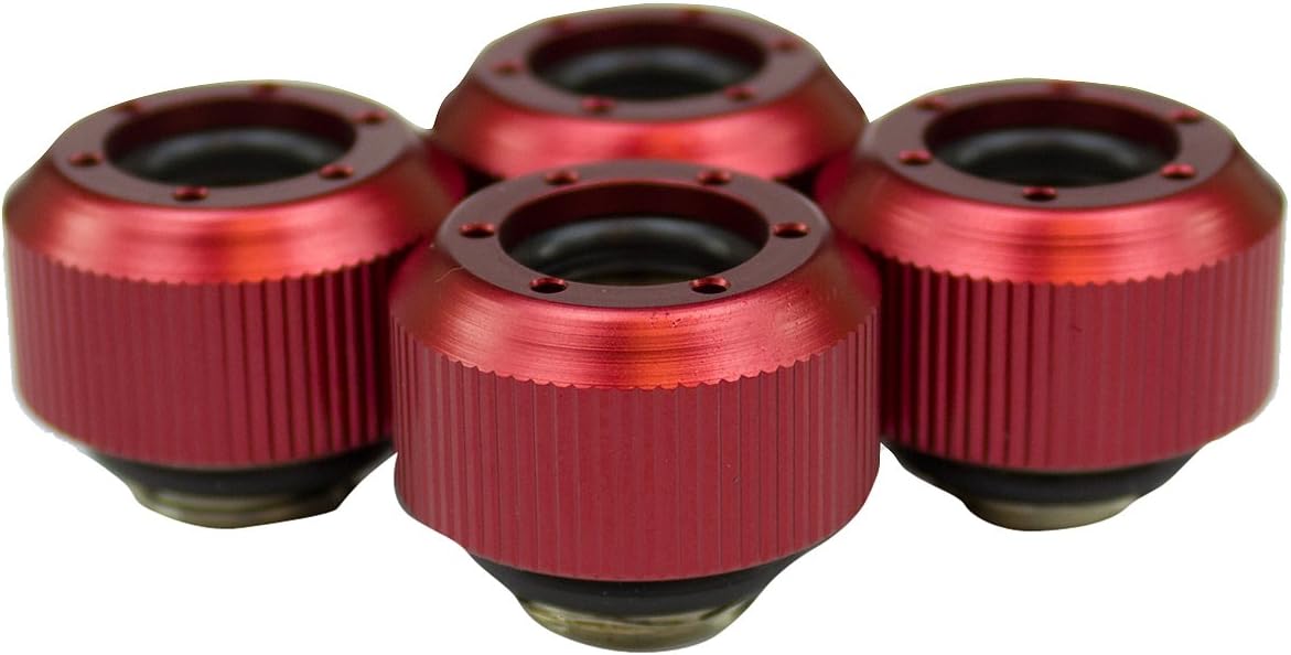PrimoChill Rigid Revolver Compression Fitting - Straight Knurled Grip - For 3/8in. ID x 1/2in. OD Tubing (4 pack), Anodized Red