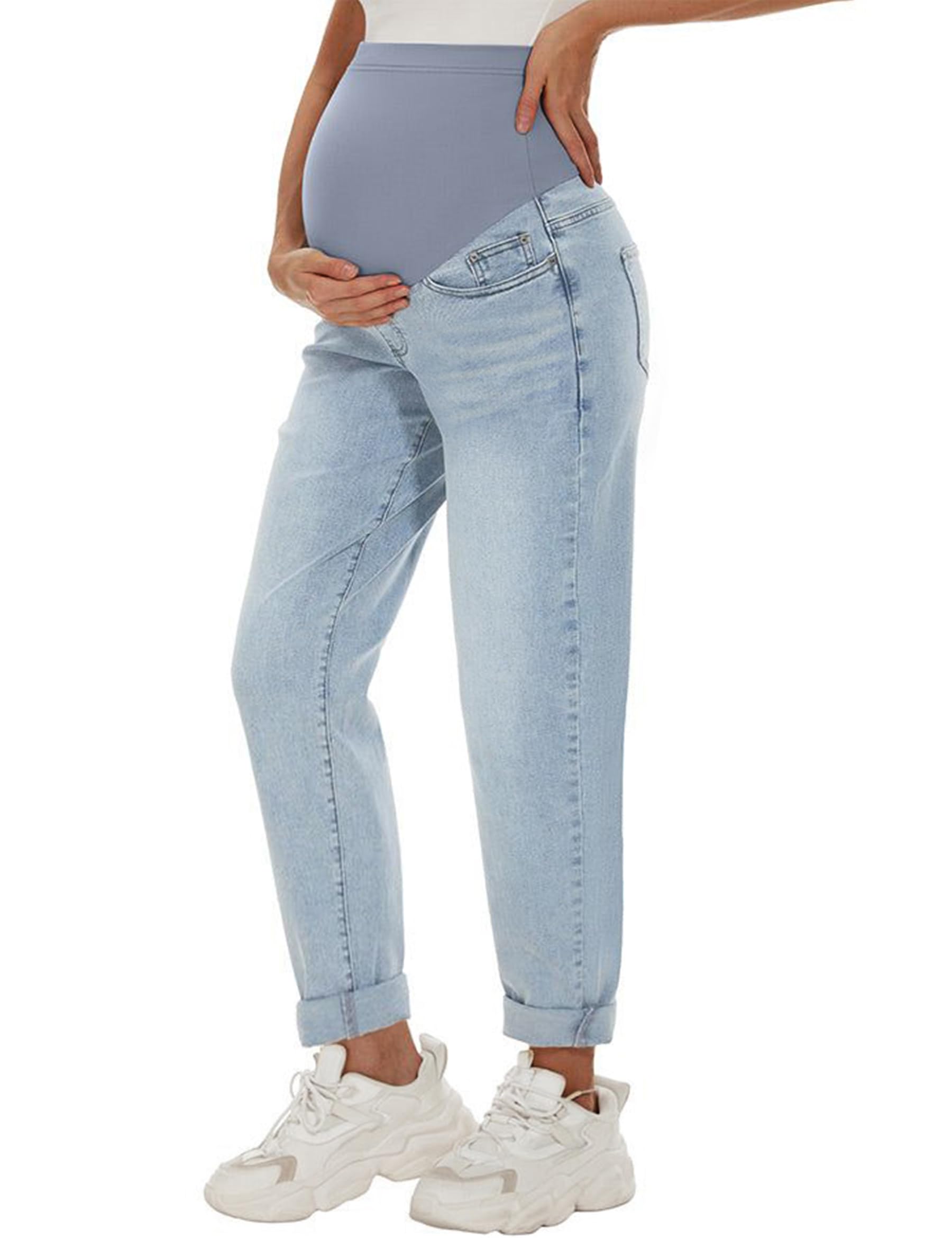 Photo 1 of Peauty Maternity Jeans for Women Maternity Pants Over Belly Boyfriend Pregnancy with Pockets Plus Size Clothes Postpartum Straight Leg Sweatpants Jeans(Blue 16)