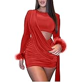 Aro Lora Womens Sexy Ruched Cutout Bodycon Dresses Long Sleeve Fuzzy Cuff Party Club Mini Dress