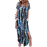Arolina Women Summer Maxi Dress Short Sleeve V Neck Casual Loose Long Split Dresses Beach Vacation Sundress with Pockets