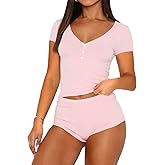 INFITTY Pajamas for Women Set Short Sleeve Button Down Sexy Pj Sets Sleepwear Soft Pjs Lounge Sets