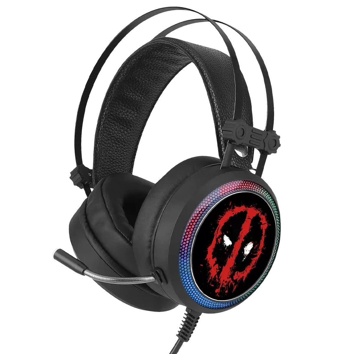 ERT GROUP Deadpool Headphones, Gaming Headset with Mic, Over Ear Headphones with Adjustable Headband, 2.2m USB Headset, LED Ear Cups with Marvel Design