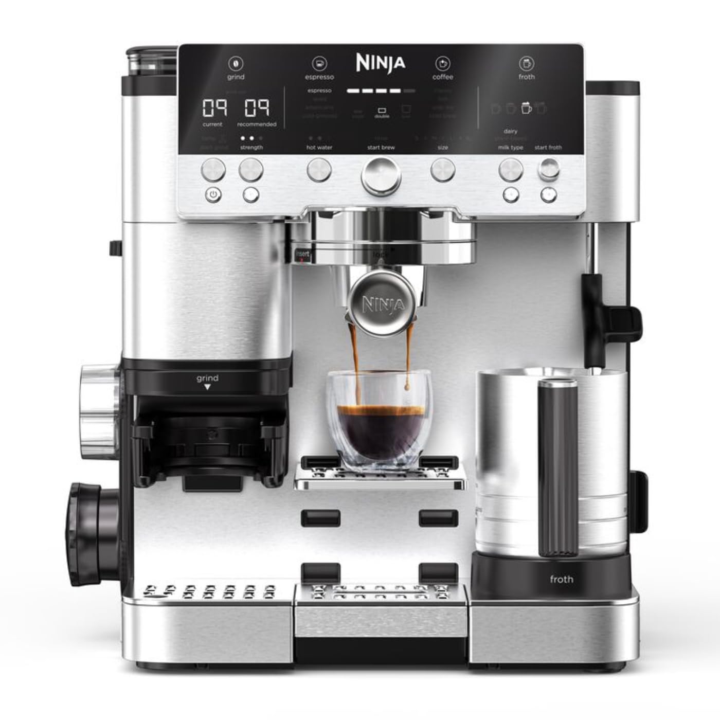 Ninja Luxe Premier 3-in-1-Kaffeemaschine mit Mahlwerk und Aufschäumer für Latte, Cappuccino, Cold Brew & Espresso, einfache Handhabung, 4 Voreinstellungen zum Aufschäumen, Silber, ES601EU
