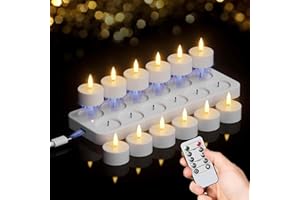 GenSwin 12 Rechargeable Tea Lights Candles with Charging Base and Remote Timer, Flameless LED Tealight Candles Battery Operated Halloween Fall Wedding Table Centerpieces (1.57” x 1.85”)