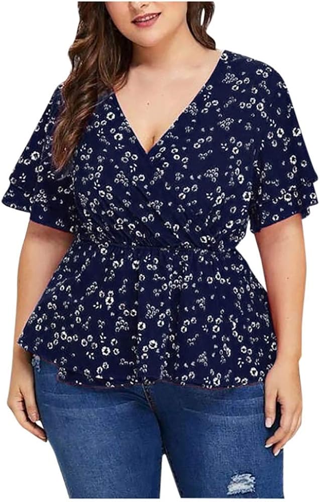 Aniywn Women's Plus Size V Neck Short Sleeve Ruffle Printed Elastic Tee Shirt Top Backless Blouse Blue