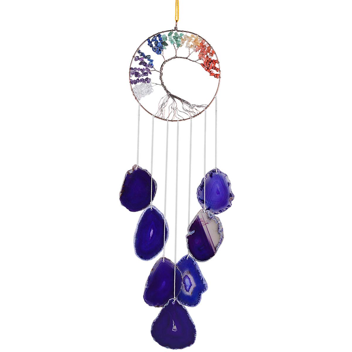 Nupuyai Tree of Life Agate Slices Wind Chimes, 7 Chakra Healing Crystal Hanging Ornament Wall Art Home Window Decor Purple