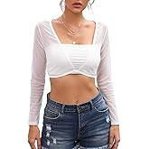 Malarocoby Women's Crop Top Long Sleeve Shrug Lace Short Blouse Shrug Sexy Lace Lining Cardigan Sheer Cover Up