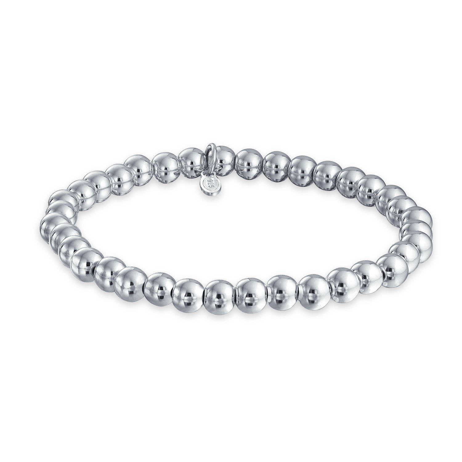 Bling Jewelry Simple Basic Round .925 Sterling Silver Bead Ball Strand Stretch Bracelet For Women 6MM