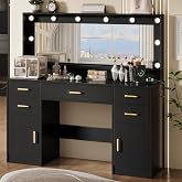 TOKSOM 44.8" Large Vanity Desk with Lighted Mirror & Power Outlet, Black Makeup Vanity Desk with Mirror and Lights, Black Van