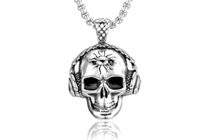 BIYONGDE Mens Vintage Headphone Pendant Necklace, Stainless Steel Antique Silver Pendant with Wheat Chain, Punk Rock Style for Music Lovers