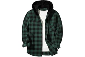 Men's Flannel Plaid Hoodies Button Down Athletic Vintage Shacket Long Sleeve Chest Pocket Shirt Checkered Coats
