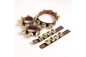 FISHKNOW Set of 6 Leather Jingle Bell Straps – Wrist & Ankle Bells, Folk Dance & Christmas Costume – Handmade Adjustable Brown Leather with Golden Sleigh Bells