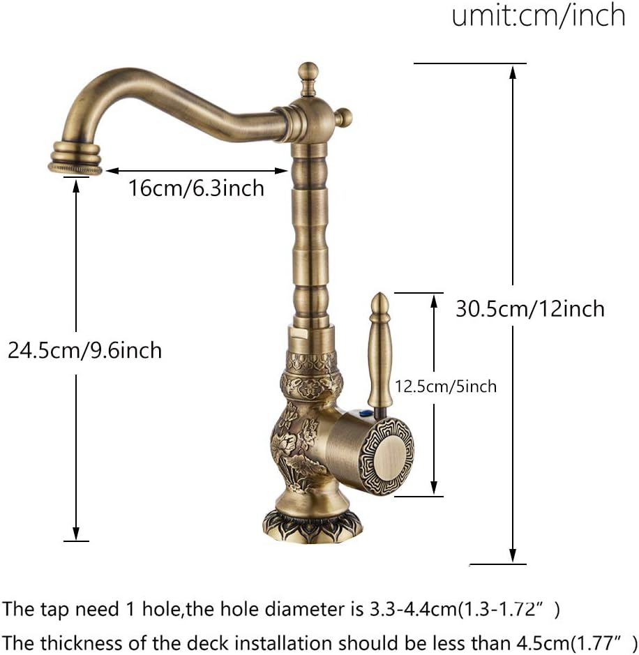 Rozin Basin Taps Basin Mixer Tap Single Handle Antique Brass Rotating Spout One Handle Deck Mounted Cold Hot Water Faucet for Bathroom - Image 5