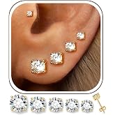5 Pairs 14K Gold Plated Stud Earrings for Women, CZ Multiple Piercing Set | Hypoallergenic CZ Stud Earrings Set, 3-7mm Cubic Zirconia, Lightweight Comfortable Studs, Non Tarnish Jewelry, Gift for Women