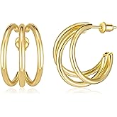 14 Karat Gold Earrings, 14K Gold Hoop Earrings for Women, 19mm Triple Gold Vermeil Hoops, Dainty Hypoallergenic Earrings, 14K Gold Plated 925 Sterling Silver