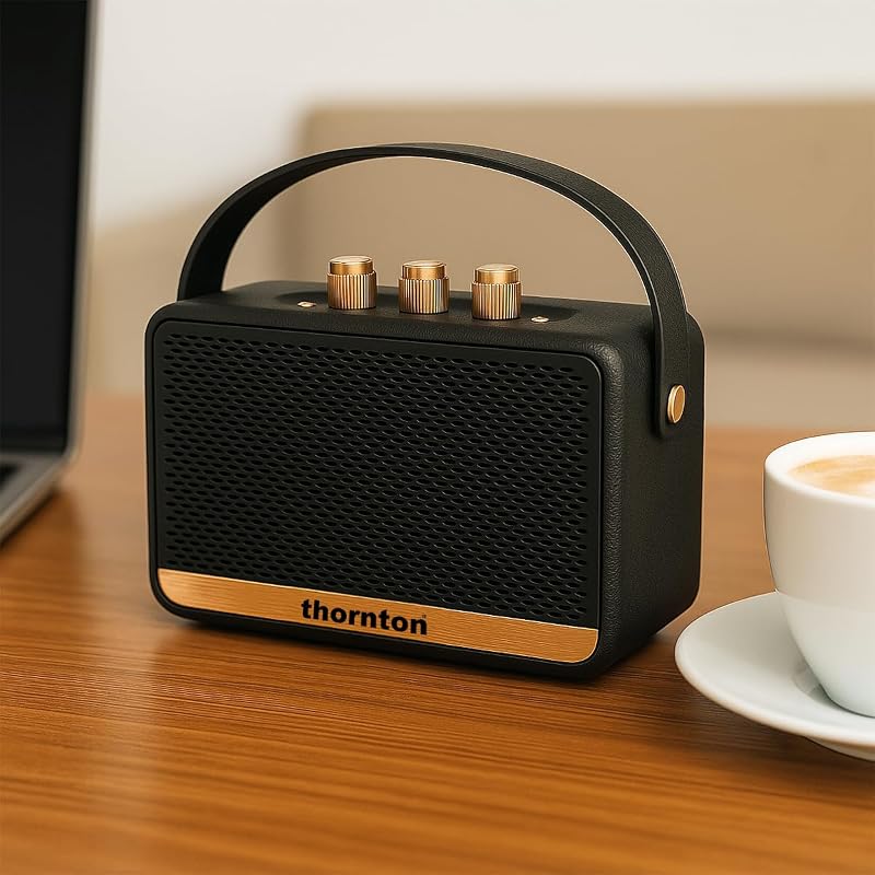 Flow Bluetooth Speaker - Coluna estéreo portátil sem fios resistente à água IP67, reprodução de 5 horas, carregamento USB-C, design retro com controlos dourados