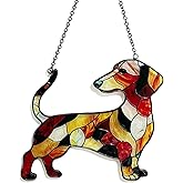 Dachshund Stained Glass Window Hanging, 5.9 * 5.1 in Hand-Painted Sun Catcher Panel Wall Art Decor with Chain, Gifts for Women Mom Grandma
