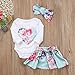 Newborn Baby Girls Floral Heart Peach Print Romper Long Pants with Bowknot Headband Outfit Set (6-12 Months, Short Skirt)