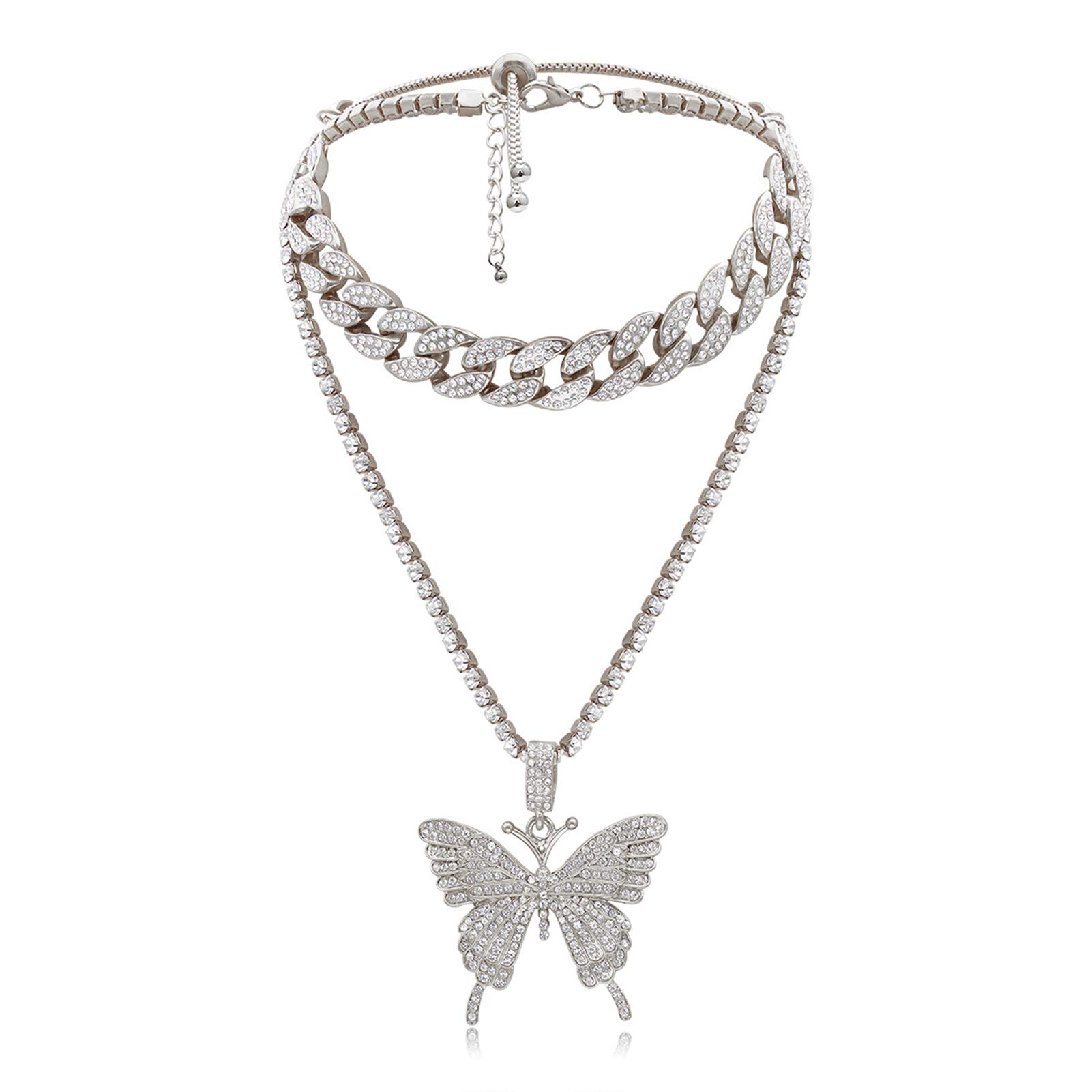 AILUOR Butterfly Cuban Link Necklace Set, Women Hip Hop Choker Big Butterfly Pendant Necklace Chain Iced Out with Bling Rhinestones, Fashion Accessory for Hip Hop Lovers Women (Silver)