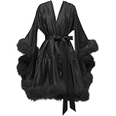 Yexinbridal Feather Fur Robe Silk Satin Bridal Dressing Gown Sexy Illusion Lingerie Nightgown Bathrobe Sleepwear